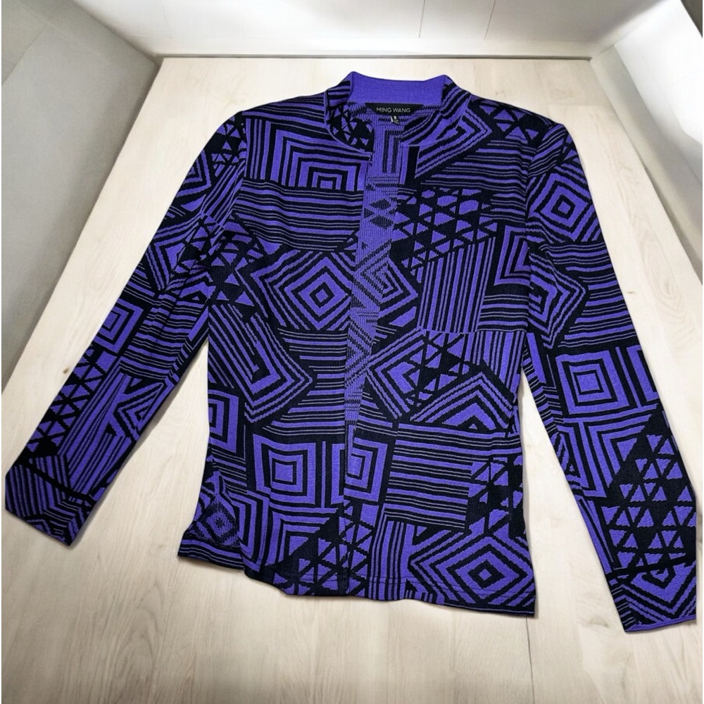 Ming Wang Geometric Purple and Black Women's Knit Jacket